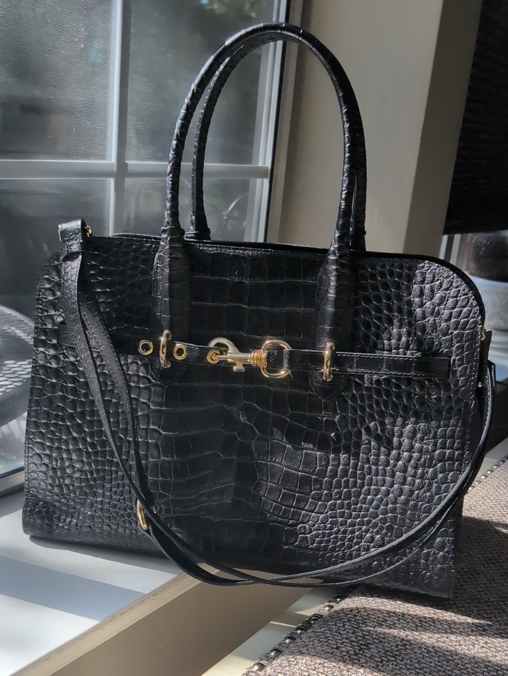Italian Claudia Firenze Croc-Embossed Black Leather Purse